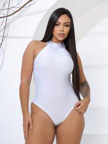 WOMEN'S BODYSUIT WITH JOGGER NECK Simple Casual With Beads HIGH NECK - trắng - Xem 2