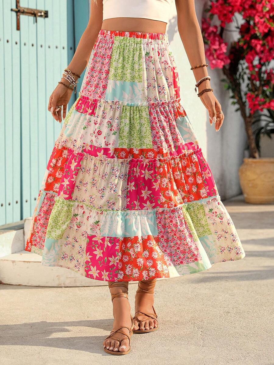 New Colorblock Floral Print Bohemian Elegant Ruffle Hem Skirt For Women, Suitable For Dates, Daily Wear, Graduation Parties, Valentine's Day, Halloween, Christmas Summer Vacation