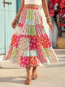 New Lightweight Floral Patchwork Pleated Skirt, Japanese Style Fresh Cute Ditsy Floral Summer Vacation Fashion Holiday Casual Skirt Suitable For Hawaii, Music Festivals, Ladies' Day Celebrations, Country Music Concerts, Graduation, Parties, Independence Day