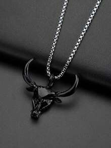 1pc Punk Hip-Hop Bull Head Pendant Stainless Steel Necklace, Men's Fashion Stainless Steel Necklace - Black - View 2