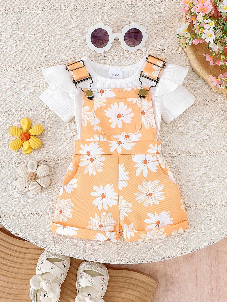 2pcs/Set Baby & Toddler Girl Cute Short Sleeve Romper + Suspender Pants Set, Lightweight For Summer - Màu vàng - Xem 1