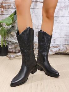 秋冬女装时尚V领刺绣尖头粗跟中筒西部靴，牛仔靴 - 黑色 - 查看 5