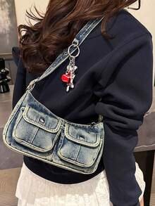 时尚复古女士单肩包，高品质腋下包，休闲手提包，带配饰，牛仔布材质 - 彩色 - 查看 8