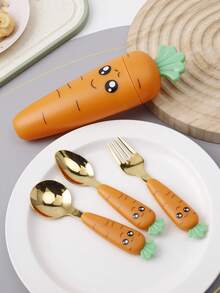 1pc Spoon/1SET Carrot-Shaped Plastic Handle Stainless Steel Cutlery Set With Three Pieces, Boxed, Kitchen, Christmas Gift,School Supplies - Multicolor - View 9