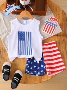 Set di pantaloncini e maglietta senza maniche con stampa a bandiera, per bambini, outfit per il Giorno dell'Indipendenza