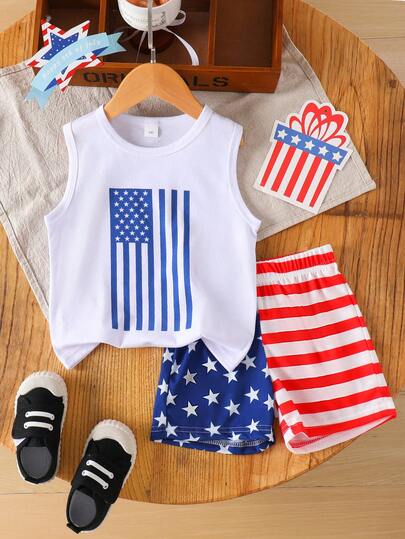 Set di pantaloncini e maglietta senza maniche con stampa a bandiera, per bambini, outfit per il Giorno dell'Indipendenza