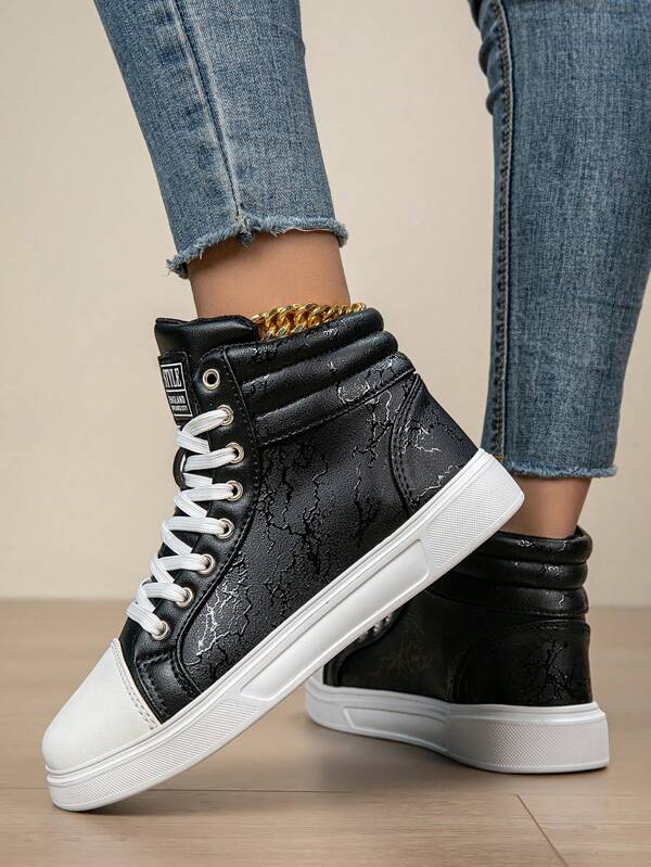 Women's Casual High-Top Sneakers, Round Toe Breathable Simple Outdoor Non-Slip Versatile Contrast Color Athletic Shoes, Suitable For Lightweight Outdoor Sports, Letter Print Decor Athletics