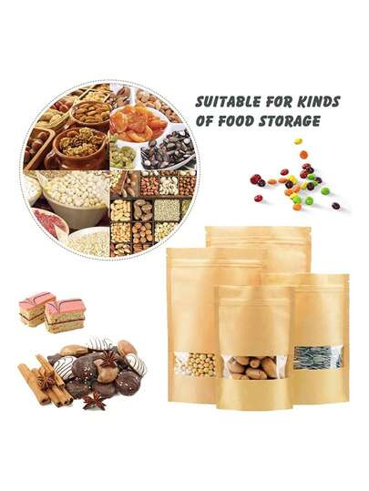 100 个牛皮纸立式食品储存袋 - 自封拉链、可重复使用、耐用、防漏食品储存袋，适用于厨房、杂货、零食和家庭整理