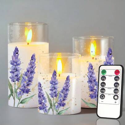 1/3 件薰衣草无焰蜡烛灯，带印花蜡烛，遥控定时，直径：3 英寸 x 高度：4 英寸/5 英寸/6 英寸，电池供电蜡烛灯，家居装饰，婚礼装饰，LED 蜡烛灯，节日派对，生日，母亲节，情人节，圣诞节