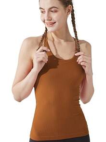Yoga Racerback Tank Top For Women With Built In Bra,Women's Padded Sports Bra Fitness Workout Running Shirts - 棕色 - 查看 1