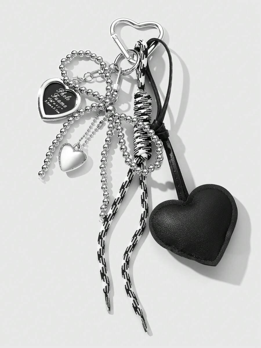 1pc Y2K Luxury Gothic Style Handmade Beaded Silver CCB Bow Drop Oil Leather Heart Woven Rope DIY Keychain Bag Pendant Suitable For Women Daily Wear Or Gift Bows - Coffee Brown - View 1