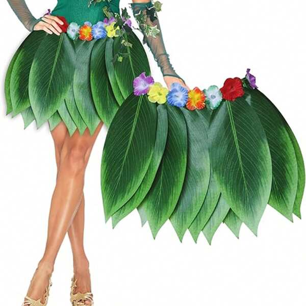 1 Stück Hawaiian Blätter Hula Rock Grüne Blätter Grasrock mit künstlichen Blumen Sommer Luau Zeremonie Tropische Dekorationen für Frauen Hochzeit Halloween Tanz Strandparty Kostüme