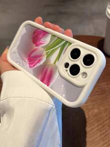 Flower Phone Case Tulip Flower Painted Grooved Beige Print Protective Phone Case, Fits & Galaxy Models