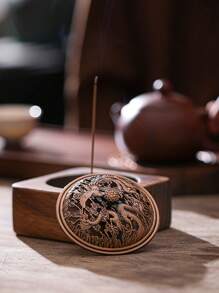 1pc Luxury Vintage Tea Art Zen Style Round Cloud Wood Incense Burner, Walnut Wood Zen Incense Holder With Tray, Suitable For Home Use Or As Gift