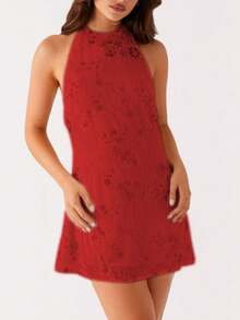 Y2k Sequin Beaded Halter Dress For Women Sexy Sparkle Backless Mini Dress Floral Embellished Rhinestone Club Dresses - Red - View 3