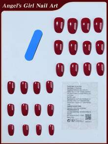 24pcs/Set Short Oval Nude Glossy Nail Stickers, Macaron & Burgundy Color Full Cover Acrylic False Nails, Includes 1pc Jelly Gel And 1pc Nail File, Suitable For Women And Girls For Daily Work, Study And Party Use. Nail Art Supplies
