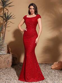 女士优雅亮片晚礼服，基本款，正式，长袍，适合婚礼宾客 - 紅色 - 查看 3