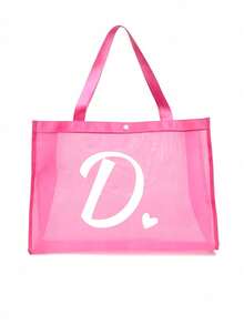 Túi lưới đi biển in chữ cái A-Z và hình trái tim, túi xách đi biển gấp gọn, dung tích lớn, nhẹ, chất liệu lưới, trong suốt, thích hợp để đựng đồ đi biển và mua sắm, túi vuông, túi xách tay, túi đeo vai, túi lưới. - Hồng - Xem 27