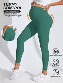 Maternity Seamless High Waist Stretchy Solid Leggings - Green - View 2
