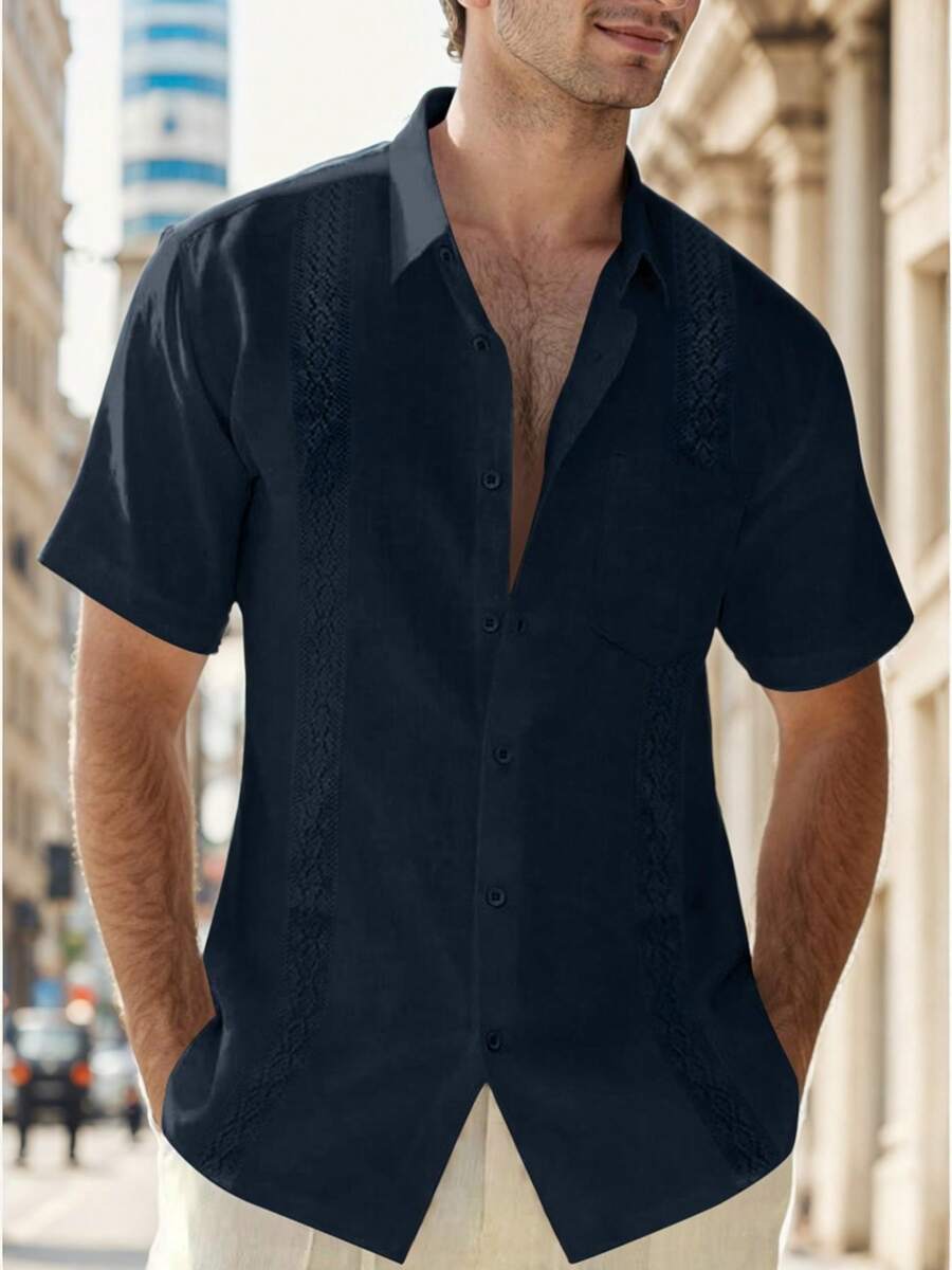 hoteel Mens Cotton Linen Guayabera Shirts Casual Button Up Short Sleeve Summer Beach Shirt - 藏青色 - 查看 1