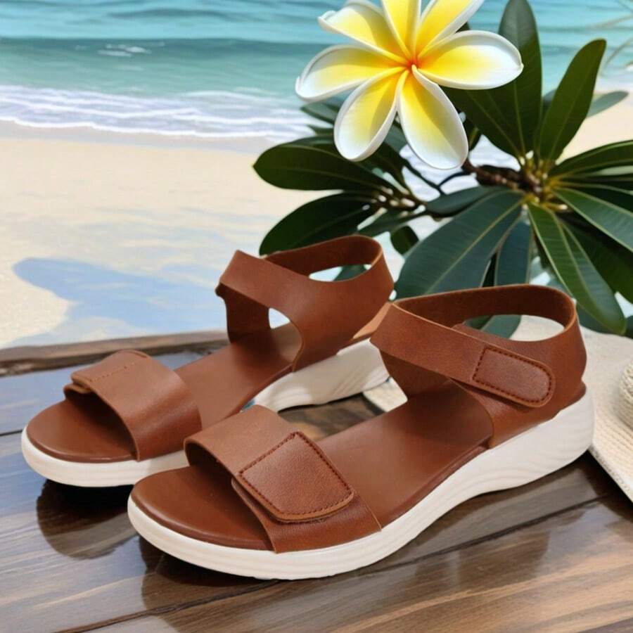 New Women's Flat Sandals, Solid Color Splice, Neutral Beach Style, Outdoor Fabric, Asymmetric/Asymmetrical, Hook And Loop, For Beach, Wedding, Party, Home, Office, Spring/Summer - Coffee Brown - View 1