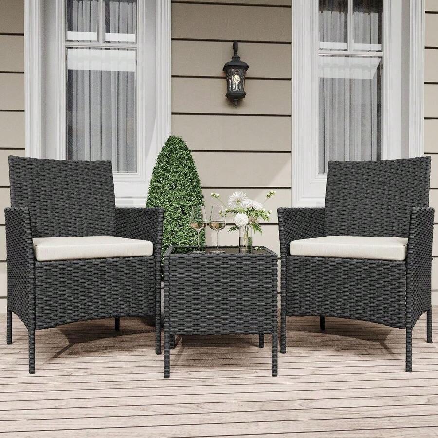 3 Pieces Patio Furniture Set, Rattan Outdoor Furniture With 2 Upholstered Chairs And Coffee Table, Conversation Bistro Set For Garden, Backyard, Porch - Black+Beige Cushion - View 1