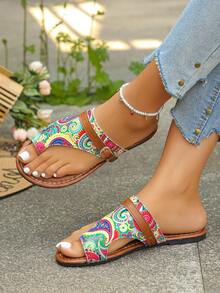 planare Sandálias femininas casuais de férias com biqueira aberta, tipo slip-on, confortáveis, estilo de verão verde para uso interno, sandálias de praia planas - Verde - Visão 6