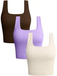 OQQ Women's 3 Piece Tank Tops Ribbed Seamless Workout Exercise Shirts 2025 Summer Basic Camis - Coffee Lavender Beige - View 1