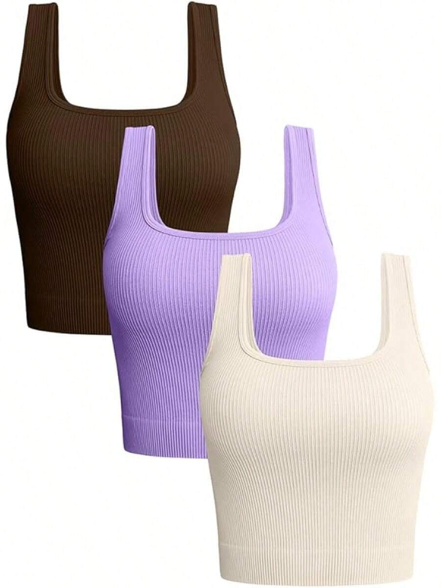 OQQ Women's 3 Piece Tank Tops Ribbed Seamless Workout Exercise Shirts 2025 Summer Basic Camis - Coffee Lavender Beige - View 1