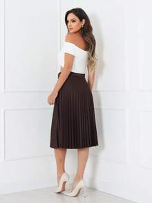 Evangelical Fashion Midi Pleated Skirt With Lined Buckle Belt Code:124 - MARROM - View 2