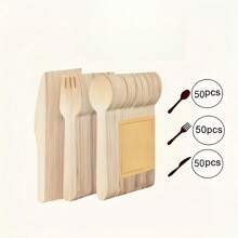 75/150/300 Sets Of Disposable Wooden Cutlery, 5.51 Inches Long, Including Spoons, Forks, And Knives (25 Pieces Per Set, 50 Pieces Per Set, 100 Pieces Per Set), Cake Dessert Ice Cream Spoons, Suitable For Birthday, Party Supplies, Christmas Gifts, Birthday Banquet Tableware, Graduation Season, Wedding And Home Decoration, Tableware, Kitchen Accessories And Home Kitchen Utensils / Disposable Tableware Sets