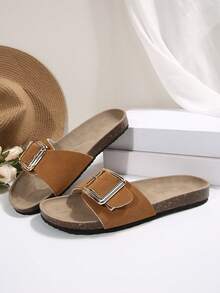 New Fashion Simple White Women Flat Mule Slip On Sandals - Brown - View 2