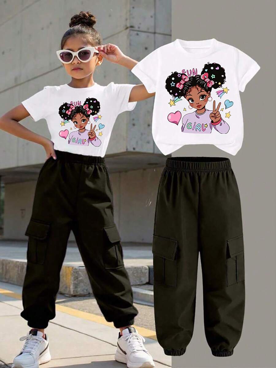 Tween Girl Cartoon Pattern Printed Short Sleeve Top And Cargo Pants - White - View 1