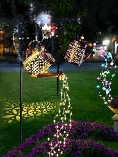 2pcs/1pc Solar Garden Watering Can With Light Strips, Large Hanging Solar Waterfall Lights Waterproof Decorative Lights, Birthday Party Family Gathering Patio Porch Lawn Backyard Gardening Gifts