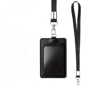 1pc PU Leather ID Card Holder, Work Badge/Pass, Security Card Sleeve With Retractable Reel & Lanyard