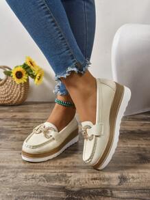 2025 Spring Women Thick-Sole Slip-On Loafers, Round Toe Metal Buckle Wedge Casual Shoes, Vintage British Style PU Leather Outdoor Commuting