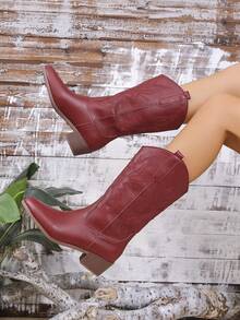 Women's Western Style Embroidered V-Cut Pointed Toe Block Heel Mid-Calf Boots - Red - View 4