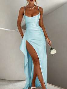 优雅性感缎面无肩带露肩荷叶边腰身派对礼服、伴娘礼服、正式礼服