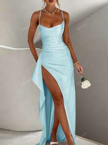 Elegant Sexy Satin Strapless Off Shoulder Ruffle Trim Waist Party Dress, Bridesmaid Dress, Formal Gown