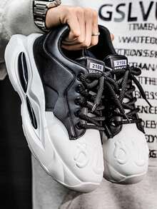 Fashionable Lace-Up Thick Sole Casual Sneakers For Men, Breathable Elevated Retro Chunky Sneakers, Comfortable Running Shoes For Outdoor - Black - View 3