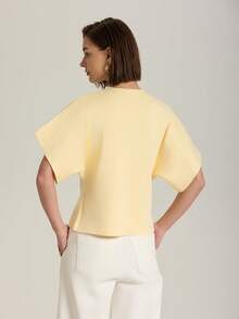 女式简约纯色前扣开衫，夏秋季休闲款，奶油黄 - 黃色 - 查看 3