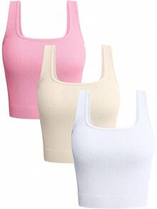 OQQ Women's 3 Piece Tank Tops Ribbed Seamless Workout Exercise Shirts 2025 Summer Basic Camis - Candypink Beige White - View 1