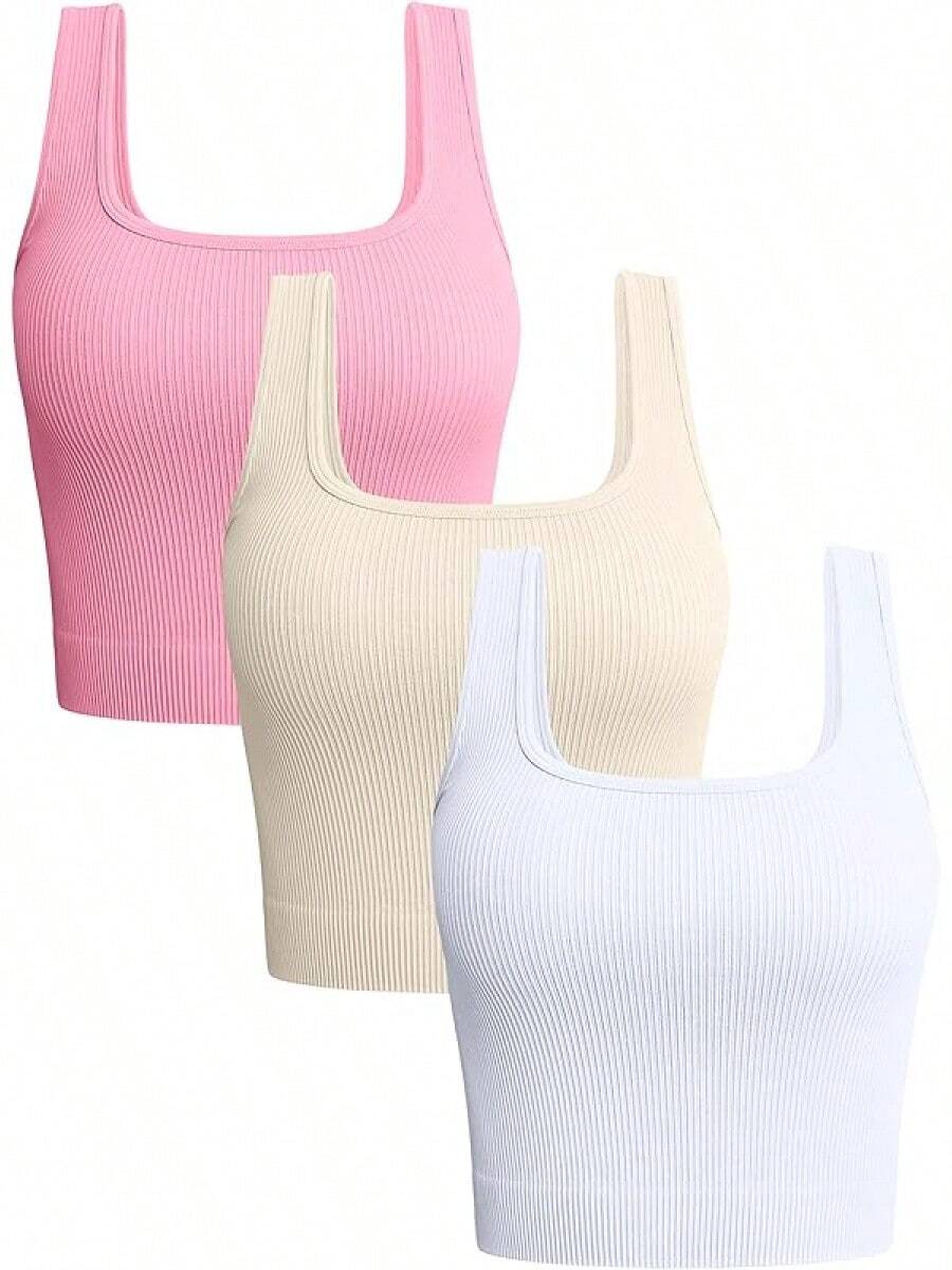 OQQ Women's 3 Piece Tank Tops Ribbed Seamless Workout Exercise Shirts 2025 Summer Basic Camis - Candypink Beige White - View 1