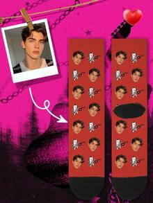 1 Pair Of New Cat Guitar Record Custom Socks, Couple Custom Socks, Graduation Gift, Fun Turtlenecks Custom Socks As Men's Gifts, Sports Socks, Custom Sports Socks, Birthday Custom Gifts - Red - View 3