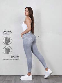 Skinny Jeans Tipo Cargo, Pantalones Pegados Color Azul con Detalles de Desgarre y Cinturón,  Efecto Levanta Glúteos que Moldea la Figura - Gris Claro HSL7039 - Ver 4