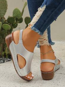 Plus Size 36-45 Fashion Simple Silver PU Leather Round Toe Platform Wedges Women Summer Outdoor Beach Slip-On Comfortable Sandals - Silver - View 6