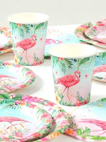 Hawaiian Flamingo Pattern Disposable Paper Tableware Set, Tropical Summer Hawaii Theme Birthday Babe Shower Party Decoration Supplies, 8pcs 7/9inch Paper Plates, 8pcs Paper Cups, 16pcs Paper Napkins For Family Summer Holiday Activities Event Party Table Decoration, Home Kitchen Table Ornaments - Hawaiian Flamingo - View 5