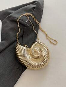 优雅贝壳造型派对手拿包，独特贝壳设计，闪亮女士晚宴手提包，配有链条肩带/斜挎带，可收纳耳机和零钱，适合派对、婚礼、正式场合，可搭配婚纱、礼服、晚礼服、生日礼服和女士派对服装。 - 金色 - 查看 3