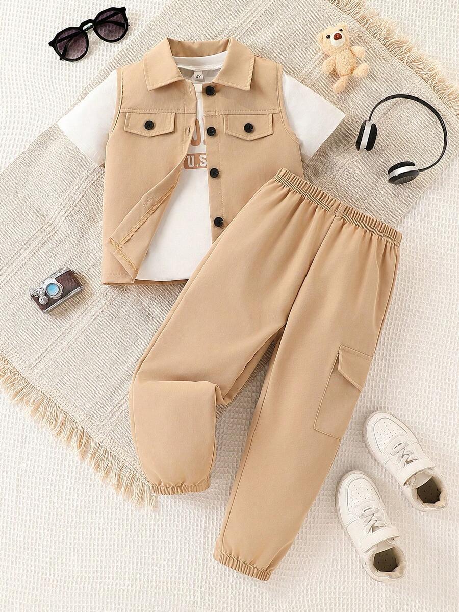 3pcs Boys' Summer Set: Vest, Letter Print T-Shirt, And Cargo Pants - Khaki - View 1