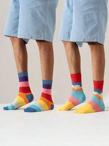 2 Pairs Unisex Colorful Stripe & Cartoon Printed Comfortable & Breathable Mid-Calf Socks, Suitable For Everyday Use, High Quality Material, Variety Of Patterns, Suitable For All Seasons - Multicolor - View 1